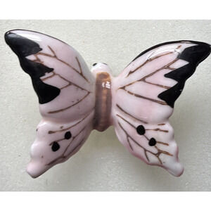Vintage Hand Painted Porcelain Butterfly Pin Pink Black Monarch Japan